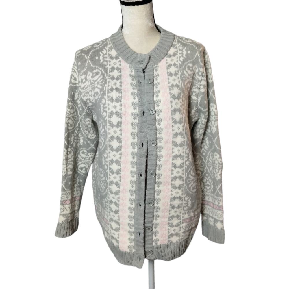 Vintage National Womens Sz L Nordic Cardigan Sweater Pink Grey Thick Warm Cozy